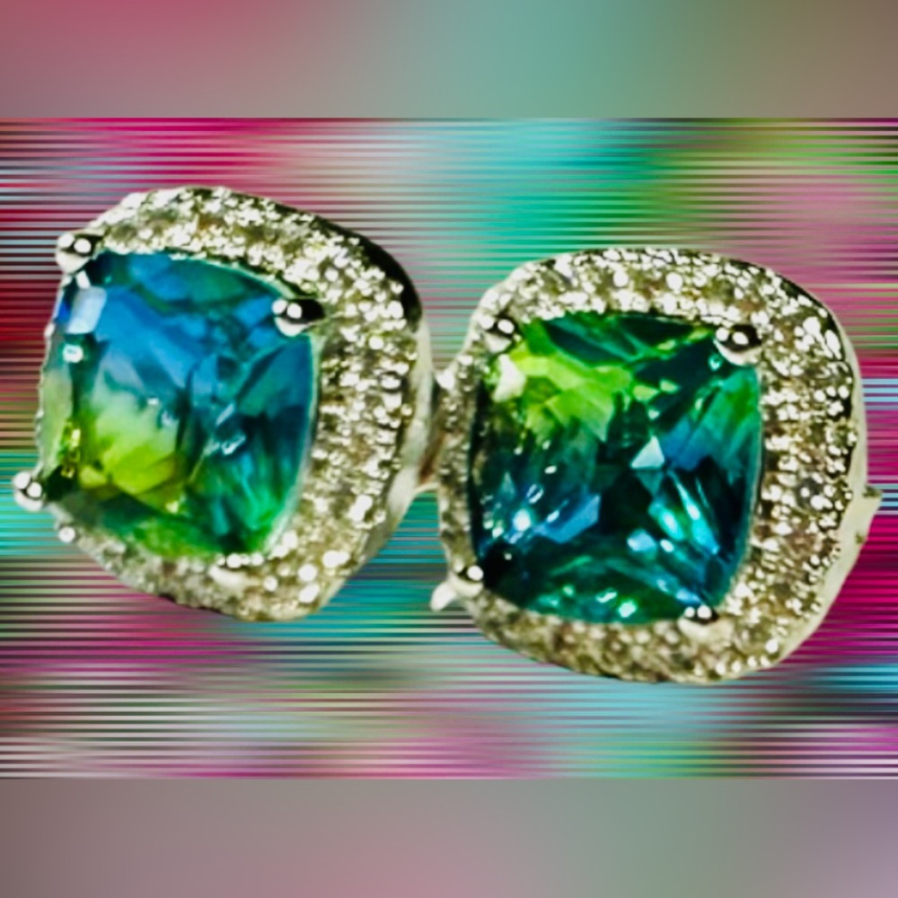 Blue Green Topaz 925 Sterling Cushion Stud Earrings CZ Halo - Picture 5 of 11